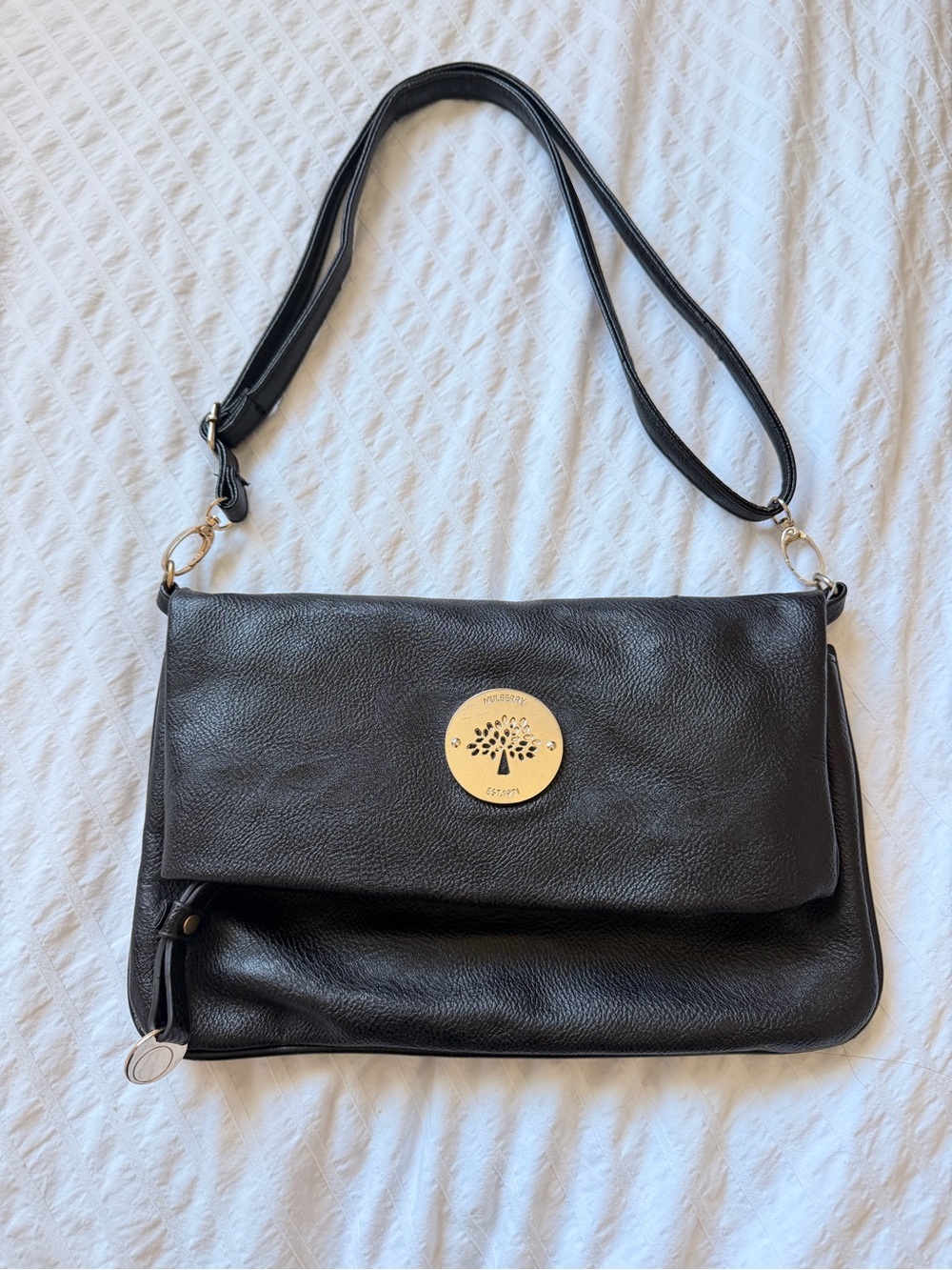 Mulberry Black Leather Shoulder Bag with Gold Tree Medallion Plate